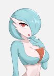 1girl absurdres alternate_color bangs blue_hair blue_skin bob_cut breasts collarbone colored_skin commentary gardevoir grey_background half-closed_eyes hand_to_own_mouth hand_up highres liu_han looking_up medium_breasts multicolored_skin open_mouth pokemon pokemon_(creature) red_eyes shiny shiny_hair shiny_pokemon shiny_skin short_hair simple_background solo tongue tongue_out two-tone_skin upper_body white_skin 