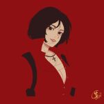  1girl :d ada_wong aegyo_sal black_hair blending bob_cut breasts brown_eyes chest_holster cleavage commentary english_commentary grin head_tilt looking_at_viewer parted_lips resident_evil resident_evil_2 short_hair smile solo upper_body yumeoi_1 