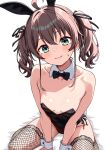  1girl :3 absurdres ahoge alternate_costume animal_ear_hairband animal_ears aqua_eyes black_bow black_bowtie black_hair black_leotard black_ribbon blush bow bowtie breasts brown_hair closed_mouth collarbone commentary_request daelriibres detached_collar eyelashes fake_animal_ears fishnet_thighhighs fishnets hair_ribbon hairband highres hololive leotard medium_hair natsuiro_matsuri playboy_bunny rabbit_ear_hairband rabbit_ears ribbon sidelocks small_breasts smile solo strapless strapless_leotard sweatdrop thighhighs two_side_up virtual_youtuber white_background wrist_cuffs 