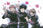  1girl 2boys aoi_(aoi68) black_hair blush brown_hair buttons closed_eyes commentary_request embarrassed eyepatch fushiguro_megumi itadori_yuji jujutsu_kaisen jujutsu_tech_uniform kugisaki_nobara multicolored_hair multiple_boys open_mouth pink_hair scar scar_on_face scar_on_forehead scar_on_mouth shaka_sign short_hair simple_background star_(symbol) teeth translation_request twitter_username two-tone_hair undercut upper_body white_background 