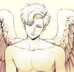  1boy absurdres blue_eyes chi.:_chikyuu_no_undou_ni_tsuite closed_mouth collarbone feathered_wings grntr_260106 highres male_focus no_nipples nude rafal_(chi.) short_hair solo spread_wings upper_body wings 