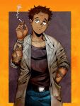  1boy arm_tattoo black_shirt bracelet brown_hair cigarette collarbone dark-skinned_male dark_skin denim dorohedoro hand_in_pocket hand_up highres jeans jewelry kasukabe_(dorohedoro) labcoat male_focus normov orange_background pants sanpaku shirt simple_background smoking solo standing tattoo 