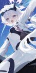  1girl absurdres blue_archive blush bodysuit breasts chinese_commentary commentary_request halo head-mounted_display highres himari_(armed)_(blue_archive) himari_(blue_archive) jacket long_hair looking_at_viewer low_ponytail mole mole_under_eye official_alternate_costume official_alternate_hairstyle open_clothes open_jacket open_mouth pointy_ears ponytail purple_eyes purple_halo re_naya small_breasts solo white_bodysuit white_jacket 