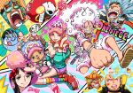  2girls 6+boys antlers apple7apo aqua_cardigan bare_shoulders baseball_cap bead_bracelet beads belt black_choker black_hair blonde_hair blue_hair blue_skin blush bracelet breasts brook_(one_piece) candy cardigan choker cigarette cleavage clenched_hands closed_eyes closed_mouth colored_skin commentary copyright_name cotton_candy cup devil_fruit_power drinking_straw earrings eyewear_on_head facial_mark fish_boy food franky_(one_piece) full_body fur-trimmed_shorts fur_trim gear_fifth glasses going_merry green_hair grin hat heart highres horns jacket jewelry jinbe_(one_piece) large_breasts laughing long_hair long_nose looking_at_viewer mask monkey_d._luffy mouth_hold mouth_mask multicolored_socks multiple_boys multiple_girls nami_(one_piece) necklace nico_robin official_alternate_costume one_eye_closed one_piece open_cardigan open_clothes open_jacket open_mouth orange_hair pirate_ship punching purple_shorts red_hair red_shoes reindeer_antlers reindeer_boy roronoa_zoro sandals sanji_(one_piece) scar scar_across_eye scar_on_cheek scar_on_chest scar_on_face shoes short_hair shorts shoulder_tattoo sitting skeleton skull smile socks spiked_hair star_(symbol) star_facial_mark straw_hat_pirates sunglasses tank_top tattoo teeth_hold thousand_sunny tongue tongue_out tony_tony_chopper transformation upper_body usopp wavy_hair white_hair white_jacket white_shorts white_tank_top yokozuwari 