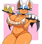  &lt;3 alcohol anthro beer beverage big_breasts big_ears bottomwear breasts chiropteran cleavage cleavage_overflow clothed clothing container cup darkwolfhybrid eyelashes eyeliner female hi_res hooters huge_breasts lipstick looking_at_viewer makeup mammal midriff rouge_the_bat sega shorts smile smiling_at_viewer solo sonic_the_hedgehog_(series) thick_thighs under_boob wide_hips 