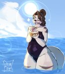 5_fingers alihsart anthro artist_name belly beverage biped black_clothing black_swimwear blue_eyes breasts brown_hair brown_markings cheek_tuft clothing cloud coconut coconut_drink digital_drawing_(artwork) digital_media_(artwork) domestic_cat drupe_(fruit) facial_tuft felid feline felis female female_anthro fingers food front_view fruit hair hi_res holding_beverage holding_object huge_thighs humanoid_hands kemma_(alihsart) looking_at_viewer mammal markings mature_anthro mature_female navel_outline one-piece_swimsuit outside overweight overweight_anthro overweight_female partially_submerged plant pupils signature sky slit_pupils snout solo sparkles standing sun swimwear tail text thick_thighs tuft water white_body