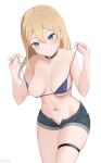  1girl bangs bikini blonde_hair blue_eyes blush breasts breasts_apart choker collarbone coro_fae hair_between_eyes hayasaka_ai heart heart_choker highres kaguya-sama_wa_kokurasetai_~tensai-tachi_no_renai_zunousen~ large_breasts long_hair micro_bikini navel nipples short_shorts shorts smile solo swimsuit thighs white_background 