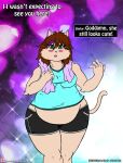  2017 anthro belly blush bottomwear breasts brown_hair clothing colored comic domestic_cat english_text felid feline felis female fur hair hi_res if_hell_had_a_taste mammal marci_hetson obese obese_anthro obese_female open_mouth overweight overweight_anthro overweight_female shirt shorts solo teal_eyes text topwear towel viroveteruscy 