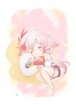  1girl barefoot chibi china_dress chinese_clothes commentary_request dress fu_hua fu_hua_(phoenix) full_body highres honkai_(series) honkai_impact_3rd jingwei_(bird) long_hair mon_momu pillow ponytail sleeping solo toes white_dress white_hair 