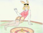  anthro black_eyewear black_glasses blonde_hair blue_eyes clothing eyewear female fur glasses gloves hair handwear hi_res jorge_nestor lagomorph leporid lingerie mammal orange_body orange_fur rabbit red_clothing solo 