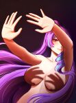  1girl \||/ absurdres black_background breasts cleavage convenient_censoring double_\||/ drill_hair english_commentary floating_hair hair_bun hand_shadow_covering_breasts_(meme) highres large_breasts long_hair macross macross_delta meme mikumo_guynemer multicolored_hair no_nipples nude nymaruchan open_hands outstretched_arms purple_hair red_eyes shadow shadow_censor side_drill simple_background single_drill single_hair_bun smile solo spread_fingers streaked_hair topless_female two-tone_hair upper_body very_long_hair 