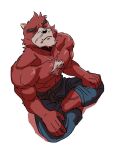  1boy abs animal_ears bakemono_no_ko bara bear_boy bear_ears biceps blue_pants closed_eyes closed_mouth collarbone commentary fangs fangs_out furry furry_male indian_style kumatetsu male_focus muscular muscular_male neo77077 pants pectorals red_fur sitting topless_male untranslatable_commentary white_background 