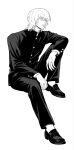  1boy badeni buttons chi.:_chikyuu_no_undou_ni_tsuite closed_mouth commentary_request contemporary full_body gakuran highres invisible_chair jacket male_focus medium_hair pants scar scar_on_face scar_on_mouth school_uniform shoes sitting solo yodaka_orb 