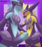 2022 absurd_res amped_toxtricity anthro balls digital_media_(artwork) duo erection genitals hi_res humanoid_genitalia humanoid_penis looking_at_viewer low_key_toxtricity male male/male nintendo open_mouth penis pok&eacute;mon pok&eacute;mon_(species) presenting purple_body scalie simple_background smile tongue touching_penis toxtricity varium video_games 