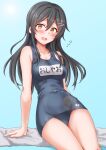  1girl anti_(untea9) black_hair blue_background blush breasts commentary_request gloves hair_ornament hairclip highres kantai_collection long_hair looking_at_viewer medium_breasts old_school_swimsuit open_mouth oyashio_(kancolle) school_swimsuit shirt sitting solo swimsuit towel 