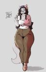 5_fingers accessory alihsart anthro artist_name bell biped black_hair blue_eyes bottomwear breasts brown_bottomwear brown_clothing brown_pants cleavage clothed clothing digit_ring digital_drawing_(artwork) digital_media_(artwork) domestic_cat felid feline felis female female_anthro fingers footwear front_view fully_clothed grey_background grey_body grey_markings grey_tail hair hair_accessory hairband hi_res humanoid_hands jewelry kemma_(alihsart) long_hair looking_at_viewer mammal markings mature_anthro mature_female monotone_background monotone_tail pants pupils shirt shoes signature simple_background slit_pupils solo standing t-shirt tail text thick_thighs thigh_gap topwear wide_hips