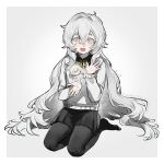  1girl :d black_pantyhose black_shirt black_skirt black_socks character_doll charlotte_wiltshire chinese_text collared_shirt doll fumo_(doll) glowing glowing_object hair_between_eyes hello_charlotte highres jsjdndhidnshssj kneeling light_blush long_hair long_sleeves low_ponytail messy_hair neck_ribbon open_hands pantyhose ponytail ribbon seiza shirt sitting skirt smile socks solo sparkling_eyes sweater very_long_hair vincent_wordsworth white_background white_eyes white_hair white_sweater yellow_eyes yellow_ribbon 