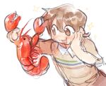  1girl aioi_yuuko animal bangs blush brown_eyes brown_hair food hair_between_eyes holding lobster nichijou open_mouth shirt short_hair skirt smile snowii_cat solo 