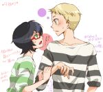 2boys arm_at_side black_hair blonde_hair blush circle collarbone face-to-face gatchaman_crowds glasses green_eyes green_shirt grey_shirt hands_on_another's_arm holding_another's_arm looking_at_another male_focus multiple_boys ninomiya_rui notice_lines oumi560 pointing_out_the_details profile red-framed_eyewear shirt short_hair side-by-side small_sweatdrop straight-on striped_clothes striped_shirt tachibana_sugane translation_request upper_body v-shaped_eyebrows very_short_hair white_background yellow_eyes 