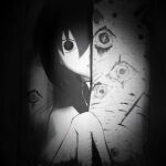  1girl behind_tree birch_tree black_eyes black_hair black_shirt bob_cut close-up commentary dark film_grain greyscale hair_between_eyes hand_on_tree hand_up highres horror_(theme) juliet_sleeves leaning_to_the_side long_bangs long_sleeves monochrome monogatari_(series) naoetsu_high_school_uniform night oshino_ougi outdoors pareidolia parted_lips peeking_out portrait puffy_long_sleeves puffy_sleeves school_uniform shirt short_hair skirt sleeves_past_fingers sleeves_past_wrists solo spotlight tree turtleneck undershirt veko_draw_friendo white_skirt wide-eyed 