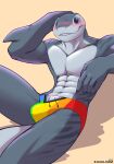  2022 5_fingers abs absurd_res anthro athletic athletic_anthro athletic_male blush bulge claws clothing finger_claws fingers fish grey_body hand_on_head hand_on_own_head hi_res male marine multicolored_clothing shadow shark shiuk solo speedo speedo_only swimwear teeth text url 