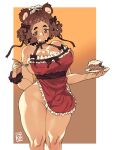  1girl animal_ears apron artist_logo bare_shoulders bear_ears bear_girl blush border bow breasts brown_background brown_bow brown_eyes brown_hair brown_ribbon cake cake_slice closed_mouth collarbone commentary cowboy_shot curvy dated english_commentary food food_on_body food_on_breasts food_on_face fork frilled_apron frilled_bracelet frills gradient_background groin hair_bow hands_up holding holding_cake holding_food holding_fork holding_plate kumako_(poch4n) large_breasts logo looking_at_viewer maid_headdress medium_hair multiple_hair_bows naked_apron original plate poch4n pussy pussy_peek red_apron ribbon sideboob solo standing sweatdrop thick_eyebrows thick_thighs thighs wavy_mouth white_border white_headdress yellow_background 