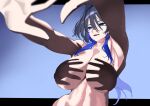  1girl \||/ absurdres armpits arms_up black_hair blue_eyes blue_hair breasts colored_inner_hair convenient_censoring daaku_(koizumi_arata) double_\||/ fangs hair_between_eyes hair_intakes hand_shadow_covering_breasts_(meme) highres hololive hololive_english huge_breasts long_hair meme multicolored_hair no_nipples nude open_mouth ouro_kronii outstretched_arms parted_lips revision shadow shadow_censor shadow_puppet simple_background solo spread_fingers topless_female upper_body virtual_youtuber 