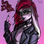  anthro biped breasts cigarette clothed clothing english_text female gesture hair jacket jewelry lagomorph leporid mammal middle_finger necklace profanity rabbit red_hair simple_background sleepyhelen smoking solo text topwear 