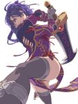  1girl arm_guards big_hair black_thighhighs breasts chiharu_(9654784) china_dress chinese_clothes closed_mouth double-parted_bangs dress eiyuu_densetsu fishnet_cutout floating_clothes floating_hair floating_ribbon gauntlets hair_between_eyes hair_ribbon hair_rings hajimari_no_kiseki highres holding holding_sword holding_weapon huge_weapon large_breasts looking_at_viewer medium_hair purple_eyes purple_hair ribbon rixia_mao side_slit simple_background single_gauntlet solo swinging_weapon sword thighhighs upper_body weapon white_background white_ribbon 