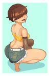  1girl bare_legs barefoot belt blue_background blupixl borrowed_character breasts brown_hair camisole covered_eyes crop_top denim denim_shorts earrings full_body hair_over_eyes highres jewelry median_furrow mimi_(joecanvas) original panty_straps short_hair short_shorts shorts single_fishnet_legwear small_breasts solo squatting tiptoes toes tongue tongue_out white_belt yellow_camisole 