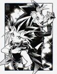 2boys border bracelet card chain closed_mouth coat commentary_request greyscale hand_on_own_hip highres holding holding_card jewelry koma_yoichi long_sleeves male_focus millennium_puzzle monochrome multiple_boys muto_yugi open_mouth pants popped_collar shirt sleeveless sleeveless_shirt smile sparkle spiked_hair standing triangle_mouth white_border yami_yugi yu-gi-oh! yu-gi-oh!_duel_monsters 