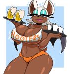  &lt;3 alcohol anthro beer beverage big_breasts big_ears bottomwear breasts brown_body brown_skin chiropteran cleavage cleavage_overflow clothed clothing container cup dark_body dark_skin darkwolfhybrid eyelashes eyeliner female hi_res hooters huge_breasts lipstick looking_at_viewer makeup mammal midriff rouge_the_bat sega shorts smile smiling_at_viewer solo sonic_the_hedgehog_(series) thick_thighs under_boob wide_hips 
