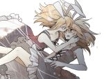  2boys animal_ear_hairband animal_ears bare_arms bare_shoulders black_ribbon blonde_hair chest_rig clone closed_eyes closed_mouth collarbone commentary_request cross-laced_clothes cross-laced_dress crossdressing crossdressing_(mtf) dress dynamic_pose fake_animal_ears feet_out_of_frame floating_hair frilled_dress frills futahiro_tokiko gatchaman_crowds glasses gradient_clothes gradient_dress grey_dress hairband hand_on_another's_cheek hand_on_another's_face leaning_forward male_focus multiple_boys ninomiya_rui rabbit_ear_hairband rabbit_ears ribbon screentones semi-rimless_eyewear simple_background tearing_up trap under-rim_eyewear white_background white_hairband 