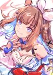  +_+ 1girl absurdres almond_eye_(the_changer)_(umamusume) almond_eye_(umamusume) animal_ears bare_shoulders blue_eyes blue_gloves blush bow_hairband braid breasts brown_hair closed_mouth colored_inner_hair commentary_request detached_sleeves dress fingerless_gloves gloves hair_ornament hairband hairclip highres horse_ears horse_girl kanon_(floralcanon) long_hair looking_at_viewer medium_breasts multicolored_hair smile solo symbol-shaped_pupils umamusume white_hairband x-shaped_pupils 