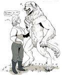 2026 5_fingers 5_toes alternate_form alternate_species anthro bent_arm big_hands biped boots bottomwear breasts brother_(lore) brother_and_sister_(lore) canid canine canis claws clothed clothing collared_shirt delicious_in_dungeon dewclaw dialogue digitigrade domestic_dog dress_shirt duo english_text eyes_closed falin_touden feathers featureless_crotch feet female fingers floppy_ears footwear full-length_portrait fur grass guppys-paw hair hand_in_fur happy hi_res humanoid laios_touden line_art male mammal marker_(artwork) monochrome muscular muscular_male nude open_mouth pants pawpads plant portrait seam_(sewing) semi-anthro shaded shadow sharp_teeth shirt shoes short_hair short_tail sibling_(lore) signature simple_background sister_(lore) size_difference snout speech_bubble standing star_polygon straight_hair tail teeth text thoughts toes tongue tongue_out topwear touching_chest traditional_media_(artwork) white_background