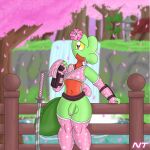 2_tails anthro arm_guards arm_warmers armwear asian_clothing balls belly bottomless bottomless_anthro bottomless_male cherry_blossom cherry_blossom_tree cherry_tree clothed clothing east_asian_clothing fan_character femboy fence fern_shinamori flower fruit_tree garden generation_3_pokemon genitals green_body head_flower hi_res humanoid_genitalia humanoid_penis japanese japanese_clothing katana kimono legwear loincloth_removed looking_at_viewer male melee_weapon multi_tail ninjatreecko nintendo penis petals pink_clothing plant pokemon pokemon_(species) pokemorph pond prunus_(flower) red_belly reptile scalie solo stockings sword tail tree treecko waterfall weapon wide_hips yellow_eyes