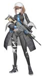  1girl absurdres baseball_cap black_leggings black_shoes blonde_hair blue_eyes blue_gloves breasts cheogtanbyeong closed_mouth commentary_request commission crop_top fn_mk_20_ssr full_body girls'_frontline gloves gun hat highres holding holding_gun holding_weapon jacket knee_pads korean_commentary leggings long_sleeves medium_breasts medium_hair open_clothes open_jacket ponytail scar-h_(girls'_frontline) scope shoes simple_background single_knee_pad standing weapon white_background white_hat 