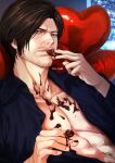  1boy aegyo_sal balloon beard_stubble blue_eyes blue_shirt brown_hair che_sue00 chocolate chocolate_on_body facial_hair finger_to_mouth food_on_body hand_up heart_balloon highres leon_s._kennedy male_focus mature_male open_clothes open_shirt resident_evil resident_evil_requiem shirt short_hair smile solo stubble 