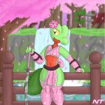 2_tails anthro arm_guards arm_warmers armwear asian_clothing belly bottomwear cherry_blossom cherry_blossom_tree cherry_tree clothing east_asian_clothing fan_character femboy fence fern_shinamori flower fruit_tree garden generation_3_pokemon green_body head_flower hi_res japanese japanese_clothing katana kimono legwear loincloth looking_at_viewer male melee_weapon multi_tail ninjatreecko nintendo petals pink_clothing plant pokemon pokemon_(species) pokemorph pond prunus_(flower) red_belly reptile scalie solo stockings sword tail tree treecko waterfall weapon wide_hips yellow_eyes
