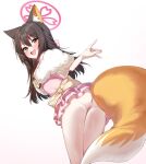  1girl absurdres animal_ear_fluff animal_ears ass blue_archive cobe commentary dress eyeliner fang fox_ears fox_girl fox_shadow_puppet fox_tail from_behind fur-trimmed_dress fur_shawl fur_trim halo highres izuna_(blue_archive) izuna_(dress)_(blue_archive) looking_at_viewer looking_back makeup pink_dress pink_eyeliner pink_halo shawl skin_fang solo tail 