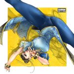 1girl artist_name blue_pants bracelet breasts brown_hair cai-man chinese_clothes chun-li earrings eyeshadow fighting_stance hair_ribbon highres jewelry large_breasts lipstick makeup pants pearl_earrings red_eyeshadow ribbon solo spinning_bird_kick street_fighter street_fighter_6 tight tight_pants watermark yellow_ribbon 