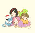  3girls :3 :d :o anyoji_hime black_hair blue_dress blue_socks blunt_bangs blunt_ends blush_stickers bob_cut braid brown_hair center-flap_bangs commentary dress hairband hasu_no_shousankaku hood hoodie kachimachi_kosuzu kase_(ks_lys) link!_like!_love_live! long_hair long_sleeves love_live! momose_ginko multiple_girls off-shoulder_dress off_shoulder open_mouth pink_hair purple_hoodie red_hairband short_hair side_braids simple_background sleeves_past_fingers sleeves_past_wrists smile socks stuffed_animal stuffed_bird stuffed_dinosaur stuffed_toy twitter_username virtual_youtuber white_background 