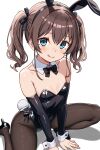  1girl :q absurdres alternate_costume animal_ear_hairband animal_ears aqua_eyes bare_shoulders black_hairband black_leotard black_ribbon black_shoes blush breasts brown_hair brown_pantyhose closed_mouth commentary_request daelriibres detached_sleeves dot_nose eyelashes fake_animal_ears fake_tail hair_between_eyes hair_ribbon hairband hands_on_ground high_heels highres hololive latex leotard medium_hair natsuiro_matsuri pantyhose playboy_bunny rabbit_ear_hairband rabbit_ears rabbit_tail ribbon shoes sidelocks simple_background small_breasts smile solo strapless strapless_leotard tail tongue tongue_out two_side_up virtual_youtuber white_background 