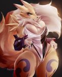  2022 anthro bandai_namco breasts bunnywhiskerz clothing digimon digimon_(species) digital_media_(artwork) dipstick_ears eyelashes female fingers genitals looking_at_viewer multicolored_ears pussy renamon simple_background solo 