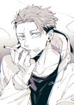  1boy aoi_(aoi68) cigarette collarbone commentary_request greyscale holding holding_cigarette hood hood_down hooded_jacket itadori_yuji jacket jujutsu_kaisen jujutsu_kaisen_modulo male_focus monochrome scar scar_on_face scar_on_forehead scar_on_mouth shirt short_hair smoking solo twitter_username upper_body 