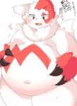  2022 ambiguous_gender anthro belly big_belly biped blush bodily_fluids claws digital_media_(artwork) fur hi_res japanese_text kemono male markings navel nintendo nude overweight overweight_ambiguous overweight_anthro overweight_male pok&eacute;mon pok&eacute;mon_(species) red_body red_fur rokacake simple_background smile solo sweat text thick_thighs video_games white_background white_body white_fur zangoose 