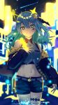  +_+ 1girl absurdres bare_shoulders blue_eyes blue_hair blue_jacket blue_ribbon blue_shorts cowboy_shot crop_top facial_tattoo grin hair_ornament hair_ribbon hand_on_own_chest highres hololive hoshimachi_suisei jacket long_hair long_sleeves looking_at_viewer midriff navel off_shoulder one_side_up open_clothes open_jacket ribbon shirt shishamope short_shorts shorts sleeveless sleeveless_shirt smile solo standing star_(symbol) star_hair_ornament tattoo thigh_strap virtual_youtuber 