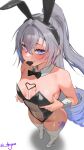  1girl alternate_costume animal_ears aryze black_bow black_bowtie black_leotard bow bowtie breasts chocolate chocolate_on_body chocolate_on_breasts cleavage collar commentary detached_collar drill_hair english_commentary fake_animal_ears food_in_mouth food_on_body grey_eyes grey_hair high_heels highres honkai:_star_rail honkai_(series) leotard long_hair looking_at_viewer navel playboy_bunny rabbit_ears see-through_clothes see-through_leotard silver_wolf_(honkai:_star_rail) silver_wolf_(lv.999)_(honkai:_star_rail) simple_background small_breasts solo thighhighs thighs twitter_username very_long_hair white_background white_collar white_thighhighs 