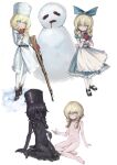  absurdres alice_(black_souls) apron black_bow black_bowtie black_shoes black_souls black_souls_2 blonde_hair blue_bow blue_dress blue_eyes boots bow bowtie daughter_alice_(black_souls) dress gerda_(black_souls) gloves green_eyes gun hat highres mittens monster_girl pantyhose red_gloves red_mittens ropeperson sho_(black_souls) shoes slime_(creature) slime_girl snowman weapon white_apron white_background white_pantyhose winter_clothes 