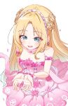  1girl :d bare_shoulders blonde_hair blush collarbone commentary_request curtained_hair dress fang flower-shaped_hair frilled_dress frills gradient_hair hair_intakes hairband highres ima_kako_mirai_no_sangenshoku link!_like!_love_live! long_hair love_live! momiji_(moj_0404) multicolored_hair osawa_rurino parted_bangs pink_dress pink_hairband skin_fang smile solo strapless strapless_dress virtual_youtuber 
